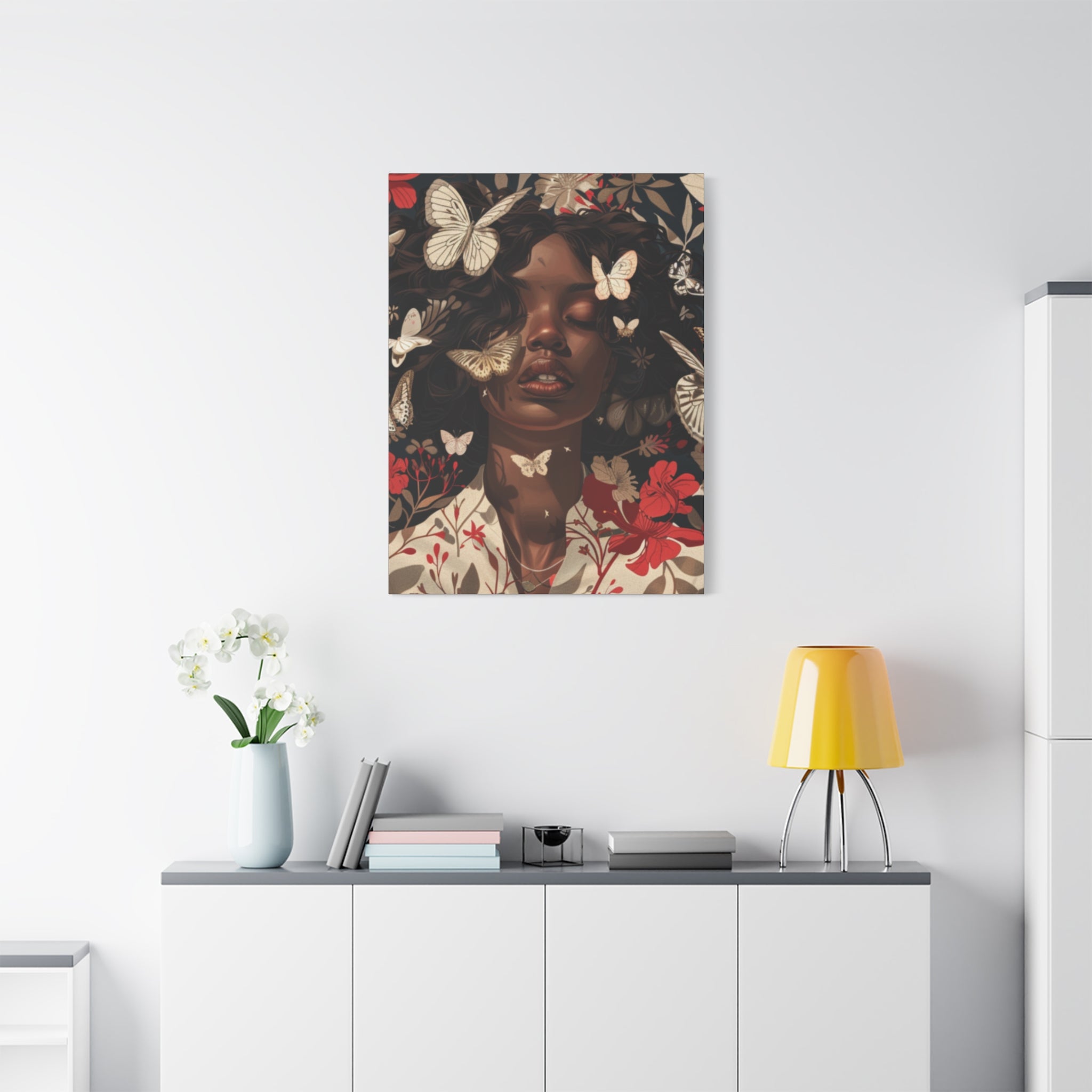 Butterfly Dream, Painting of a African Woman with Red flowers and White Butterflies, Matte Canvas, Wall Art - African Woman Floral Portrait