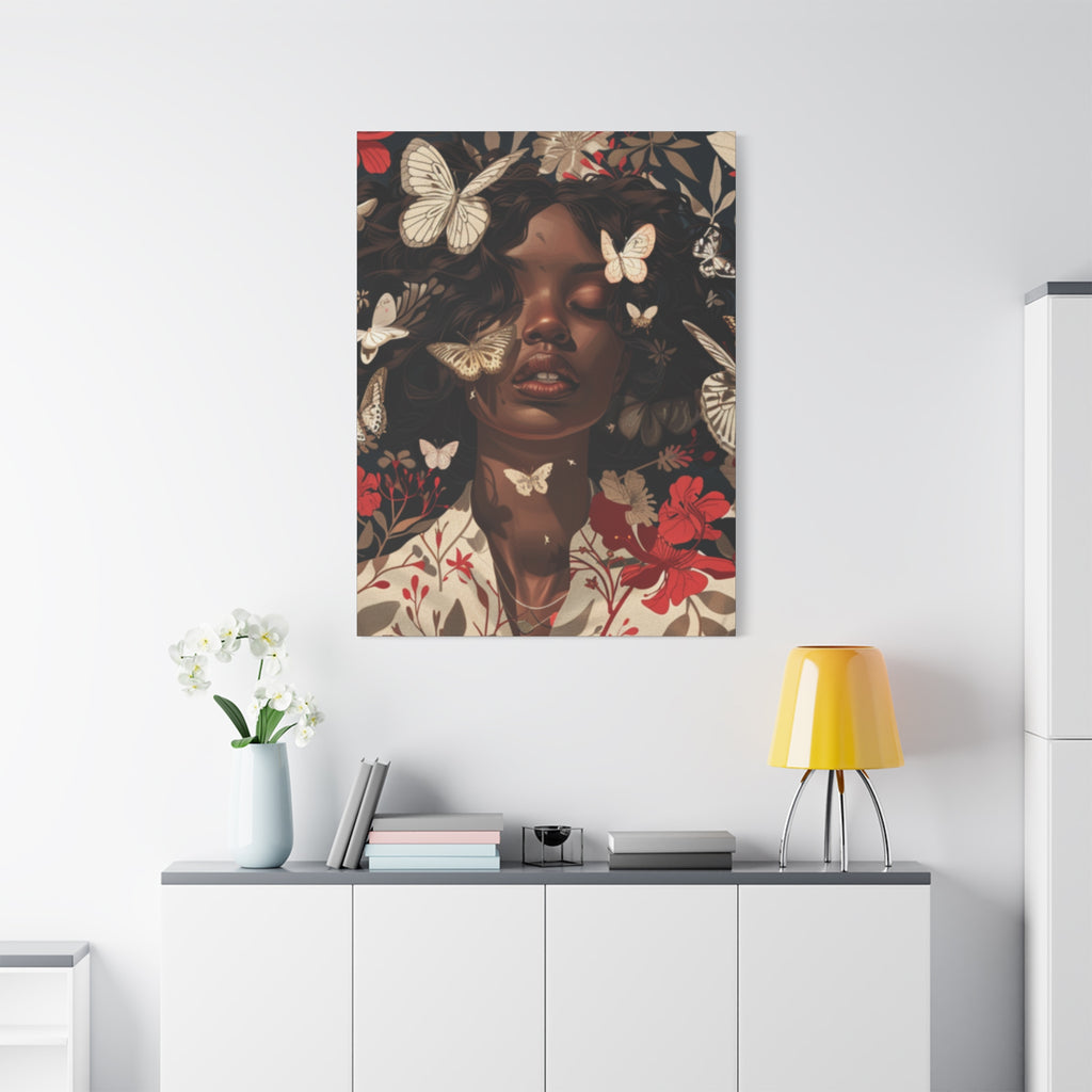 Butterfly Dream, Painting of a African Woman with Red flowers and White Butterflies, Matte Canvas, Wall Art - African Woman Floral Portrait