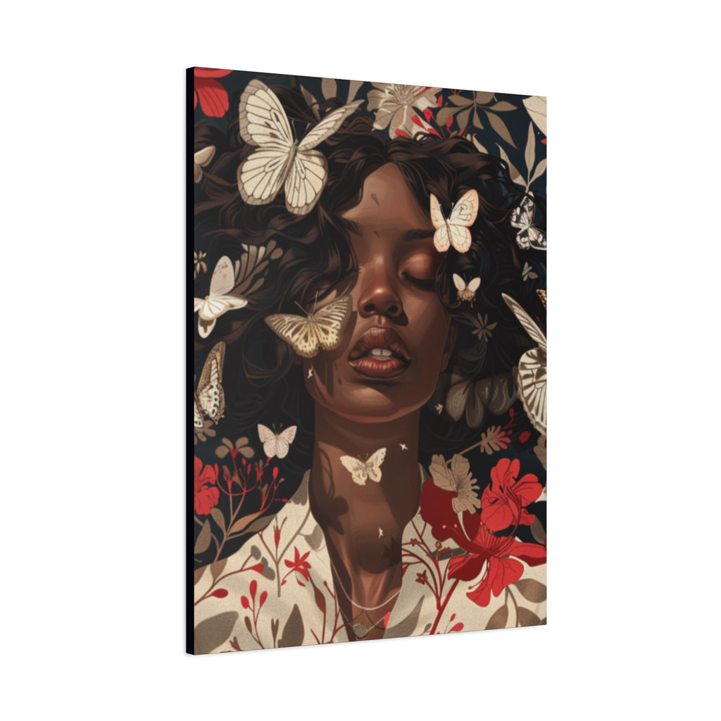 Butterfly Dream, Painting of a African Woman with Red flowers and White Butterflies, Matte Canvas, Wall Art - African Woman Floral Portrait