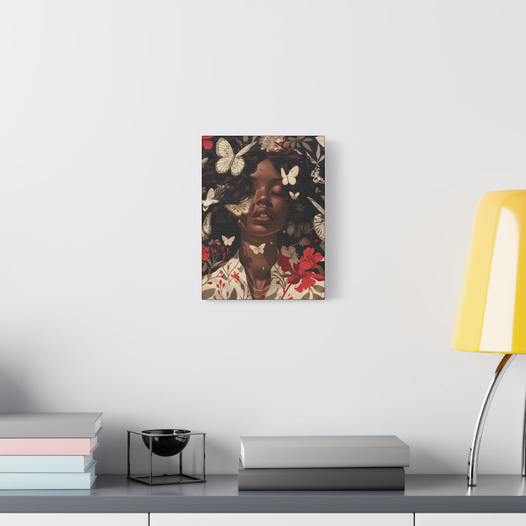 Butterfly Dream, Painting of a African Woman with Red flowers and White Butterflies, Matte Canvas, Wall Art - African Woman Floral Portrait
