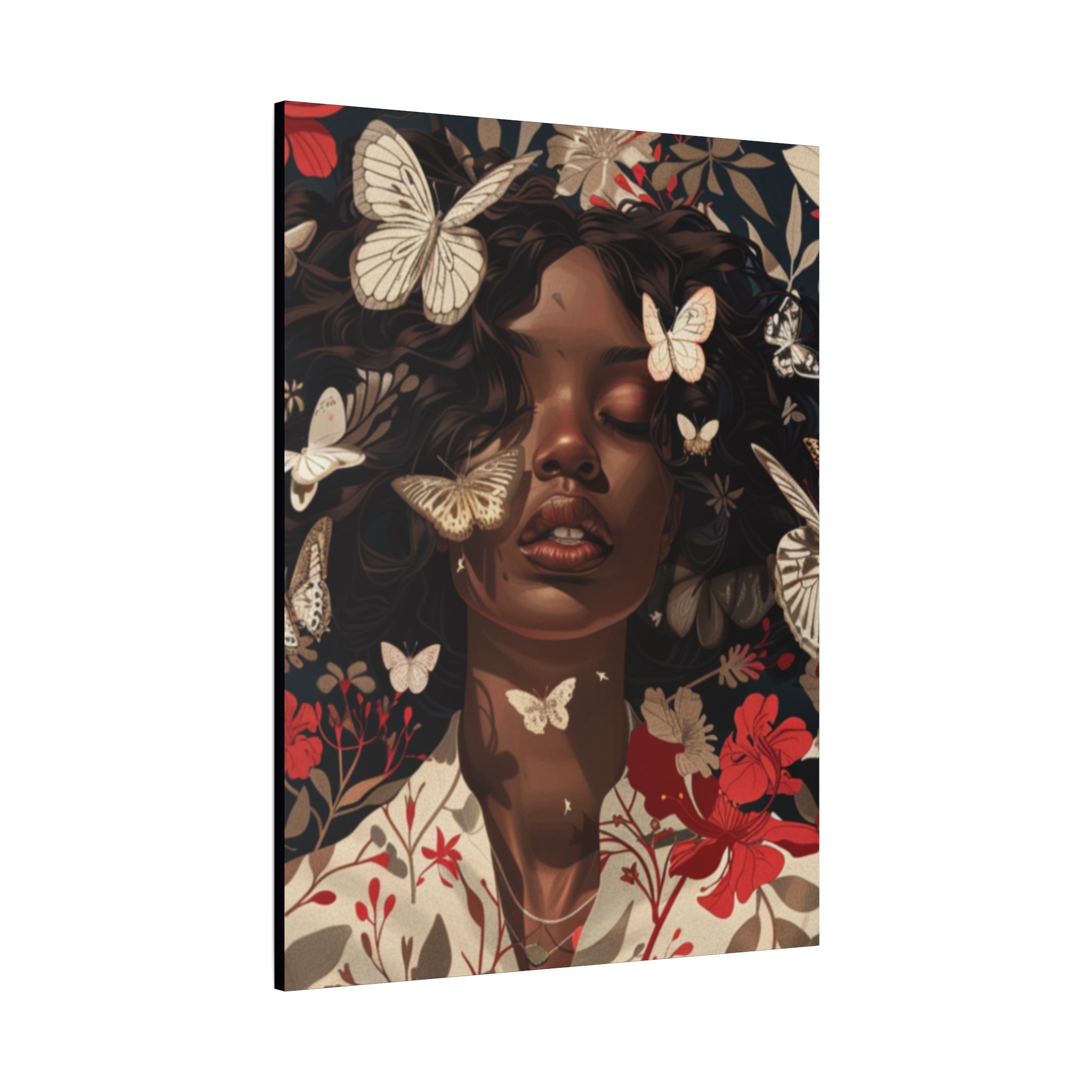 Butterfly Dream, Painting of a African Woman with Red flowers and White Butterflies, Matte Canvas, Wall Art - African Woman Floral Portrait