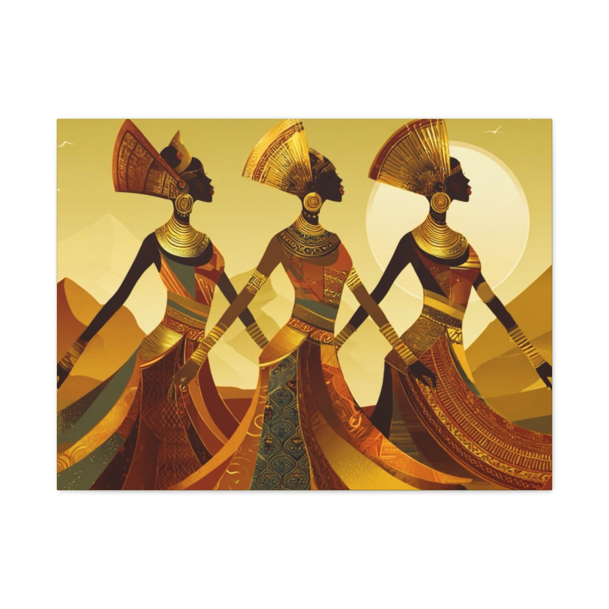 African Goddess  - Three African Goddess draped in Gold tone colors on Canvas Print (Matte Stretched)