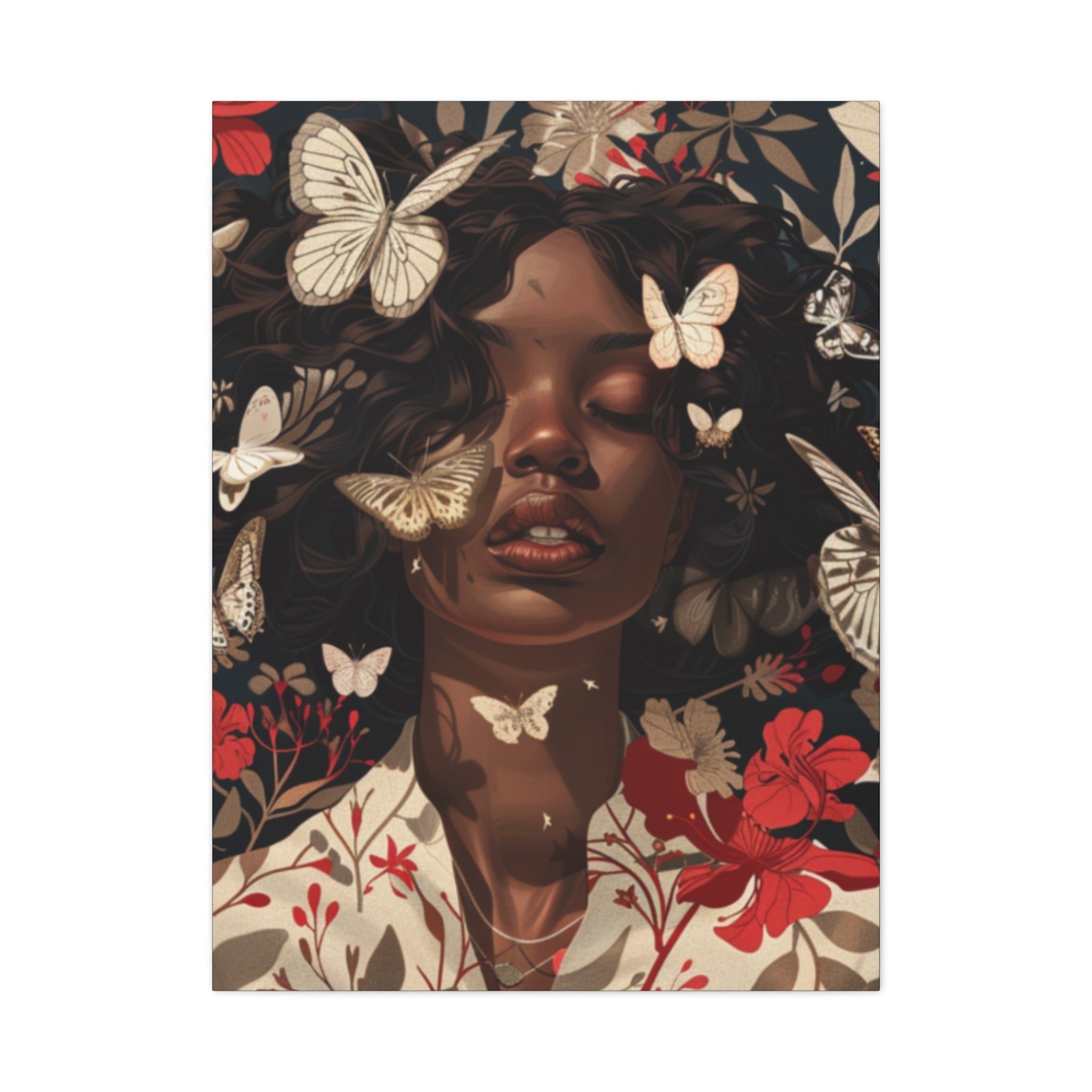 Butterfly Dream, Painting of a African Woman with Red flowers and White Butterflies, Matte Canvas, Wall Art - African Woman Floral Portrait