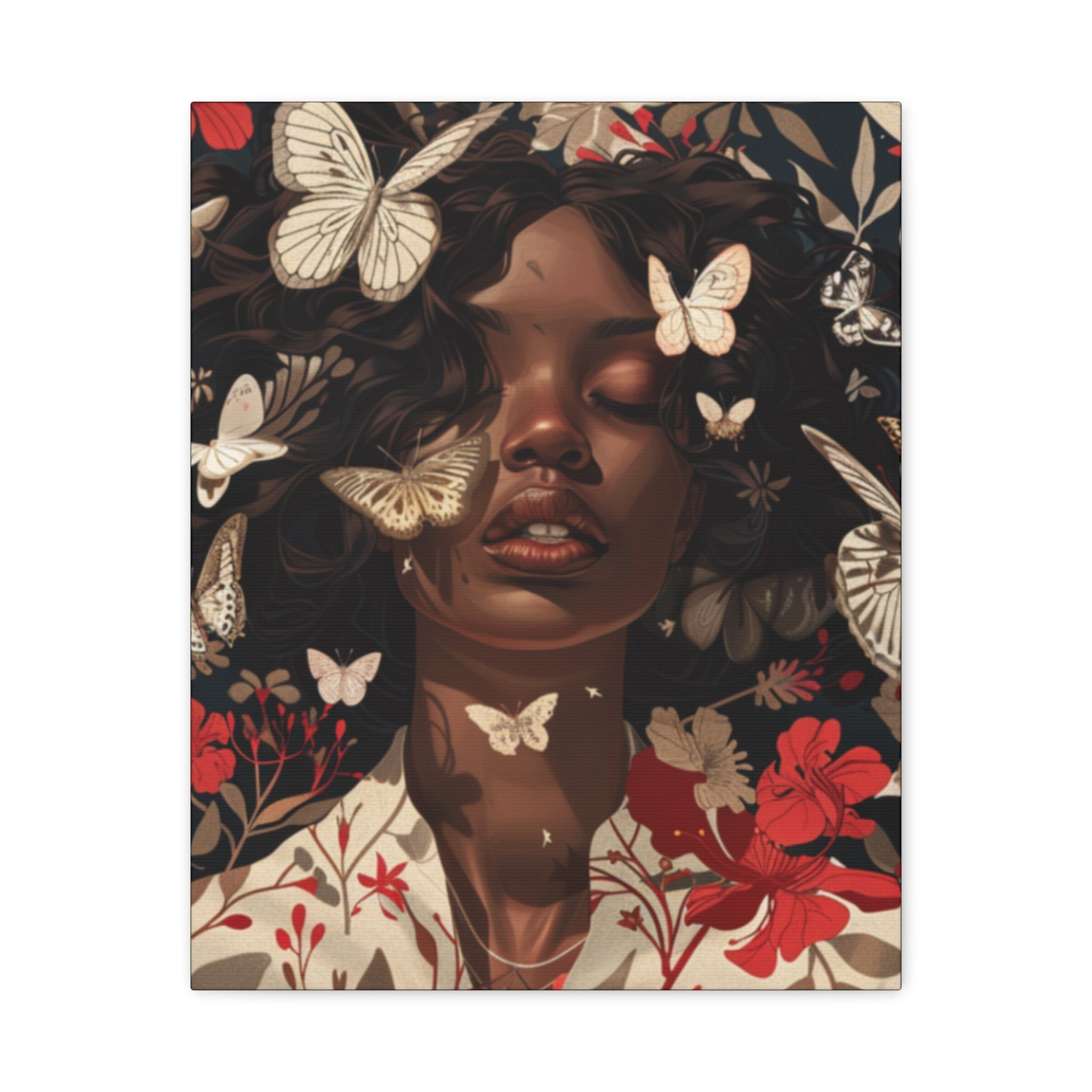 Butterfly Dream, Painting of a African Woman with Red flowers and White Butterflies, Matte Canvas, Wall Art - African Woman Floral Portrait