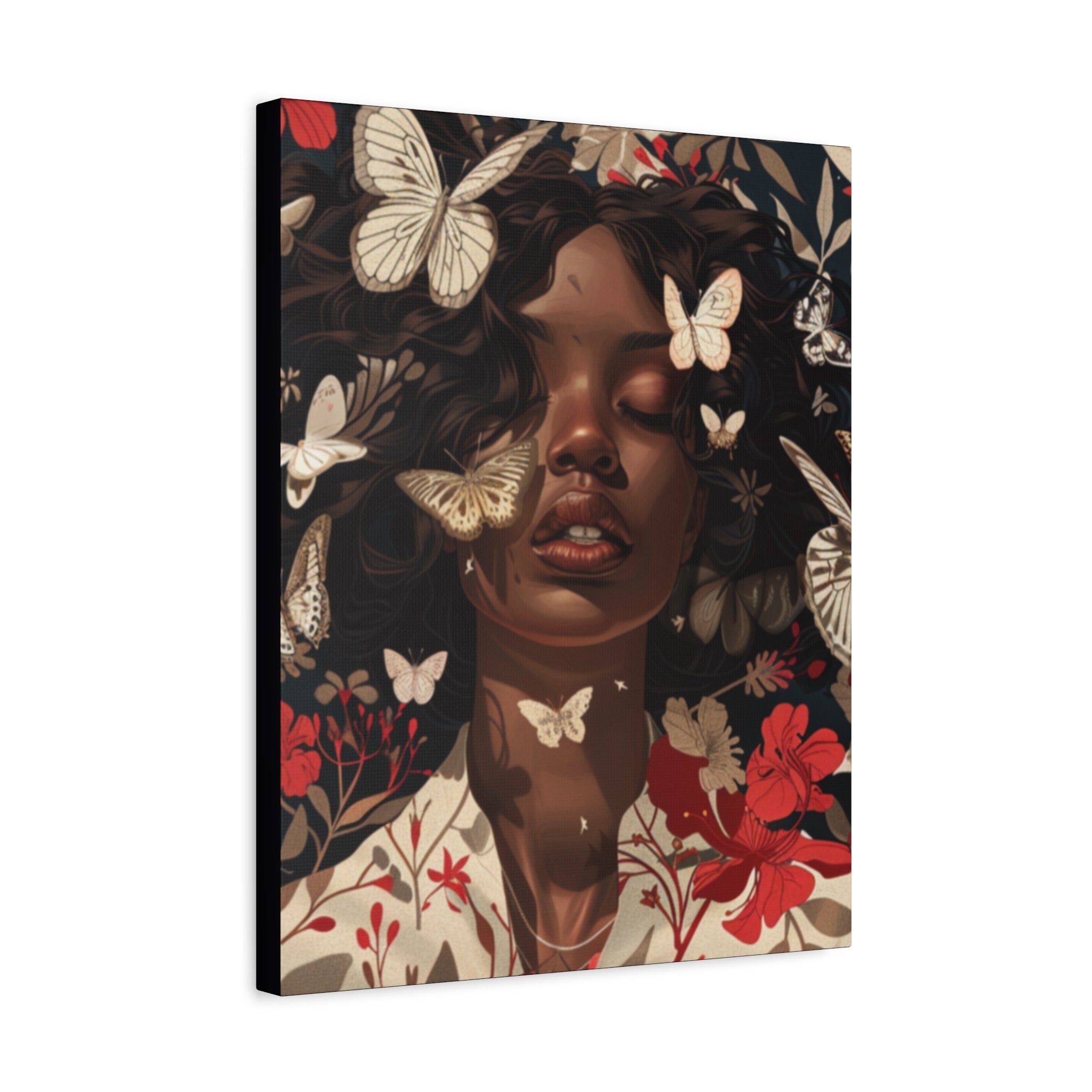 Butterfly Dream, Painting of a African Woman with Red flowers and White Butterflies, Matte Canvas, Wall Art - African Woman Floral Portrait