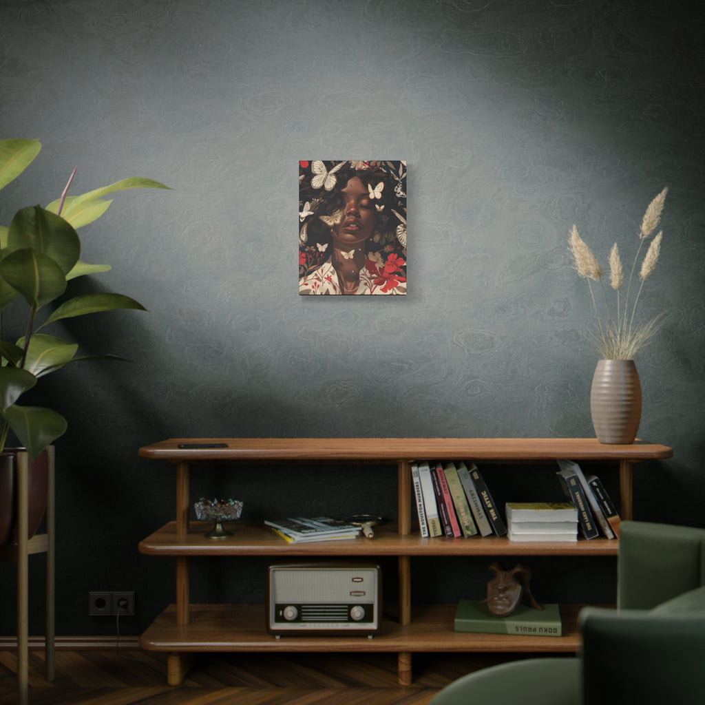 Butterfly Dream, Painting of a African Woman with Red flowers and White Butterflies, Matte Canvas, Wall Art - African Woman Floral Portrait