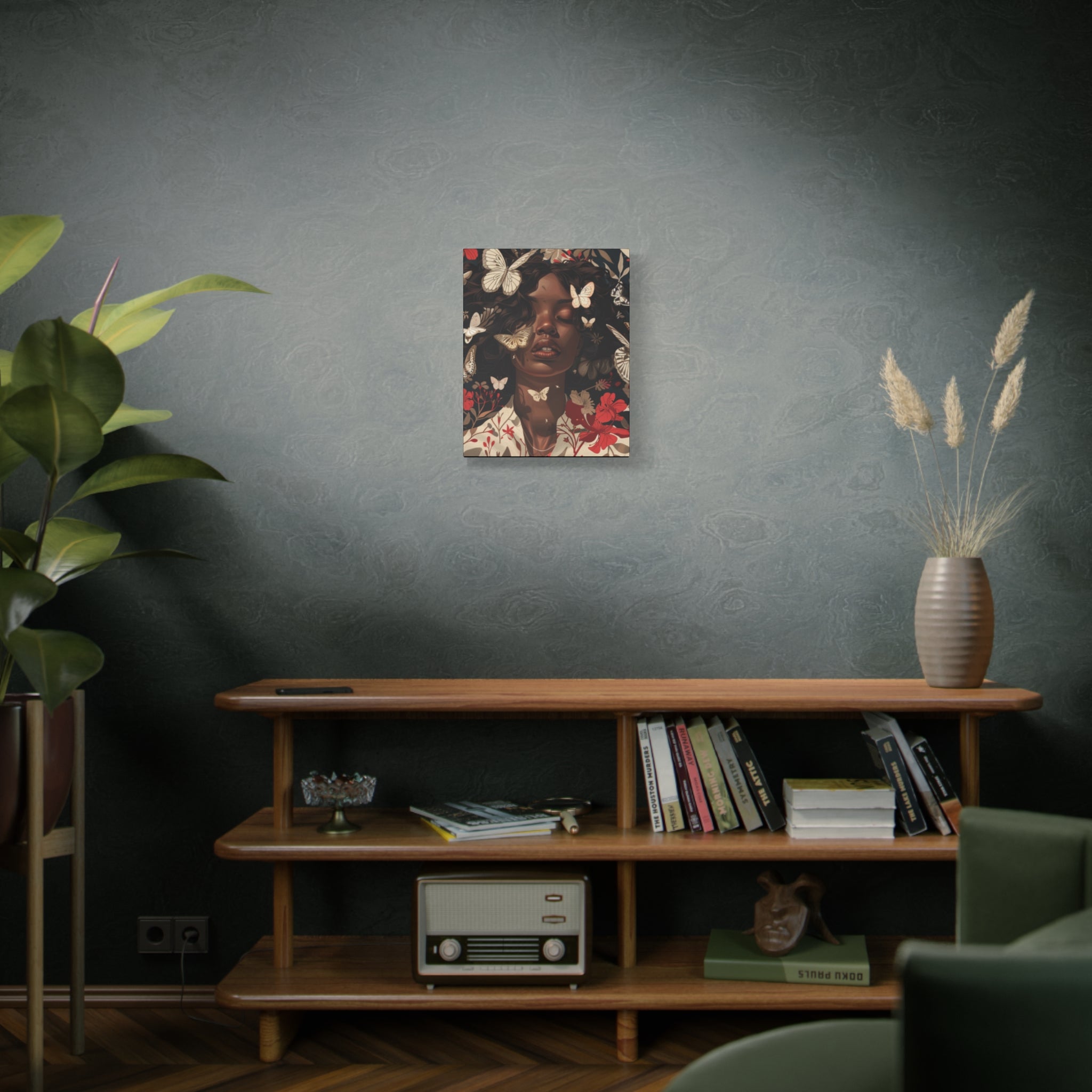 Butterfly Dream, Painting of a African Woman with Red flowers and White Butterflies, Matte Canvas, Wall Art - African Woman Floral Portrait
