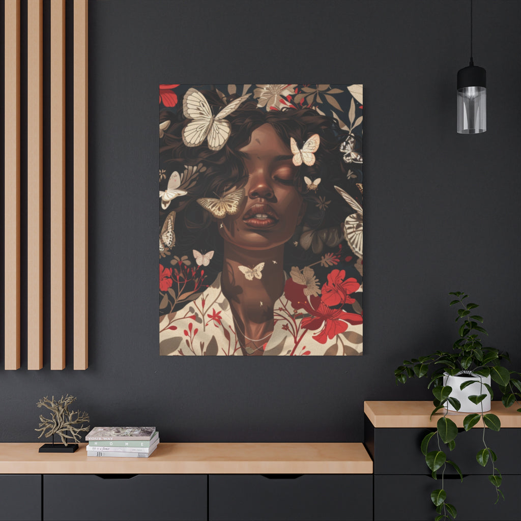 Butterfly Dream, Painting of a African Woman with Red flowers and White Butterflies, Matte Canvas, Wall Art - African Woman Floral Portrait