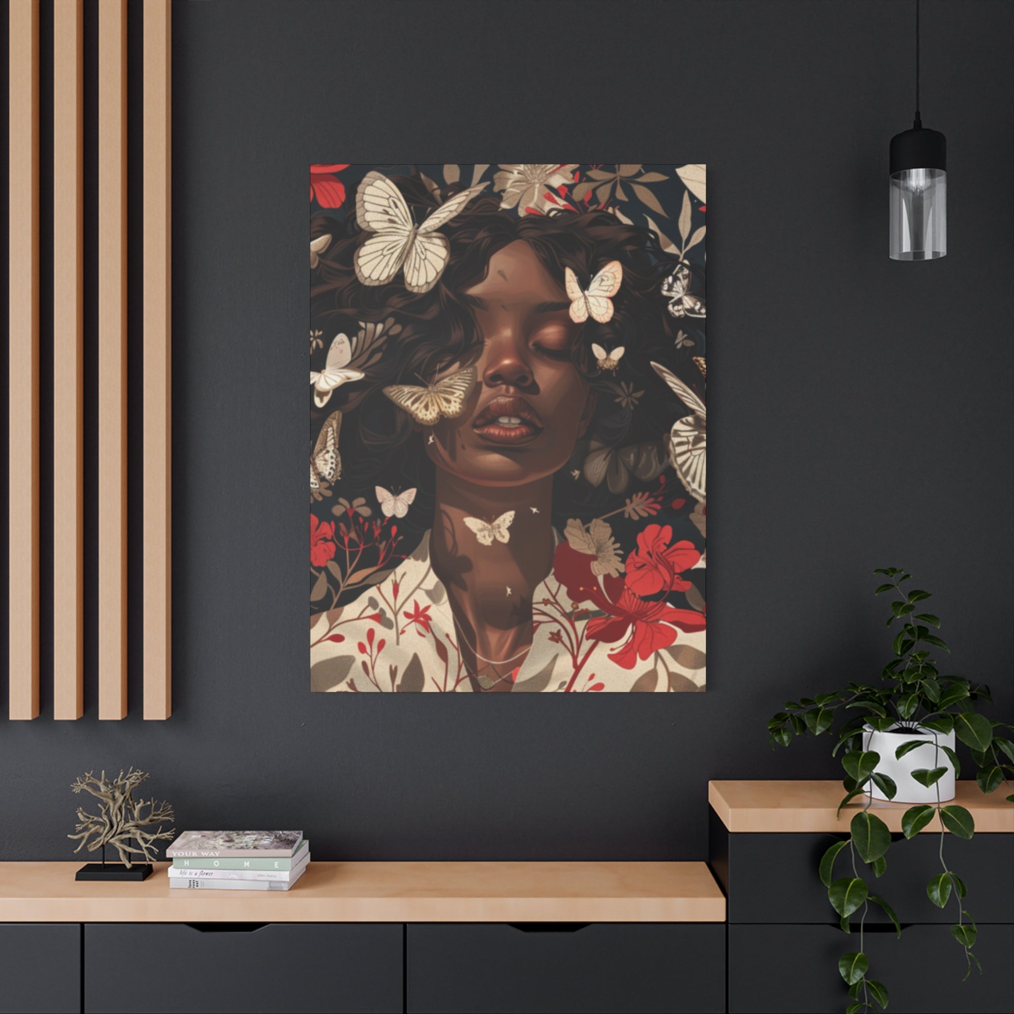 Butterfly Dream, Painting of a African Woman with Red flowers and White Butterflies, Matte Canvas, Wall Art - African Woman Floral Portrait