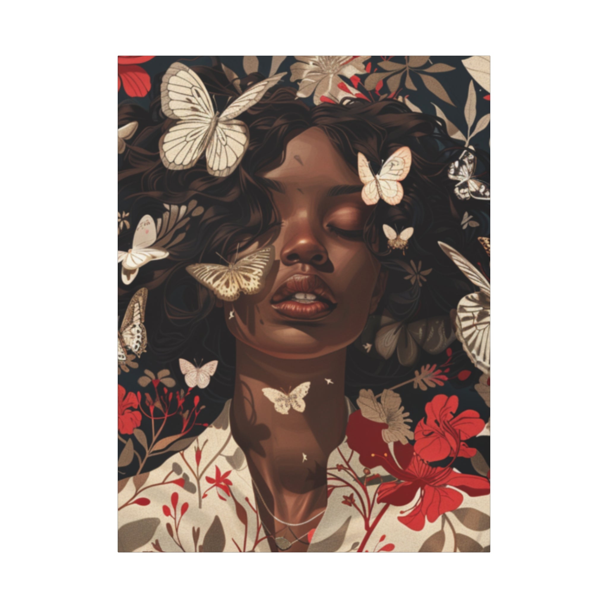 Butterfly Dream, Painting of a African Woman with Red flowers and White Butterflies, Matte Canvas, Wall Art - African Woman Floral Portrait