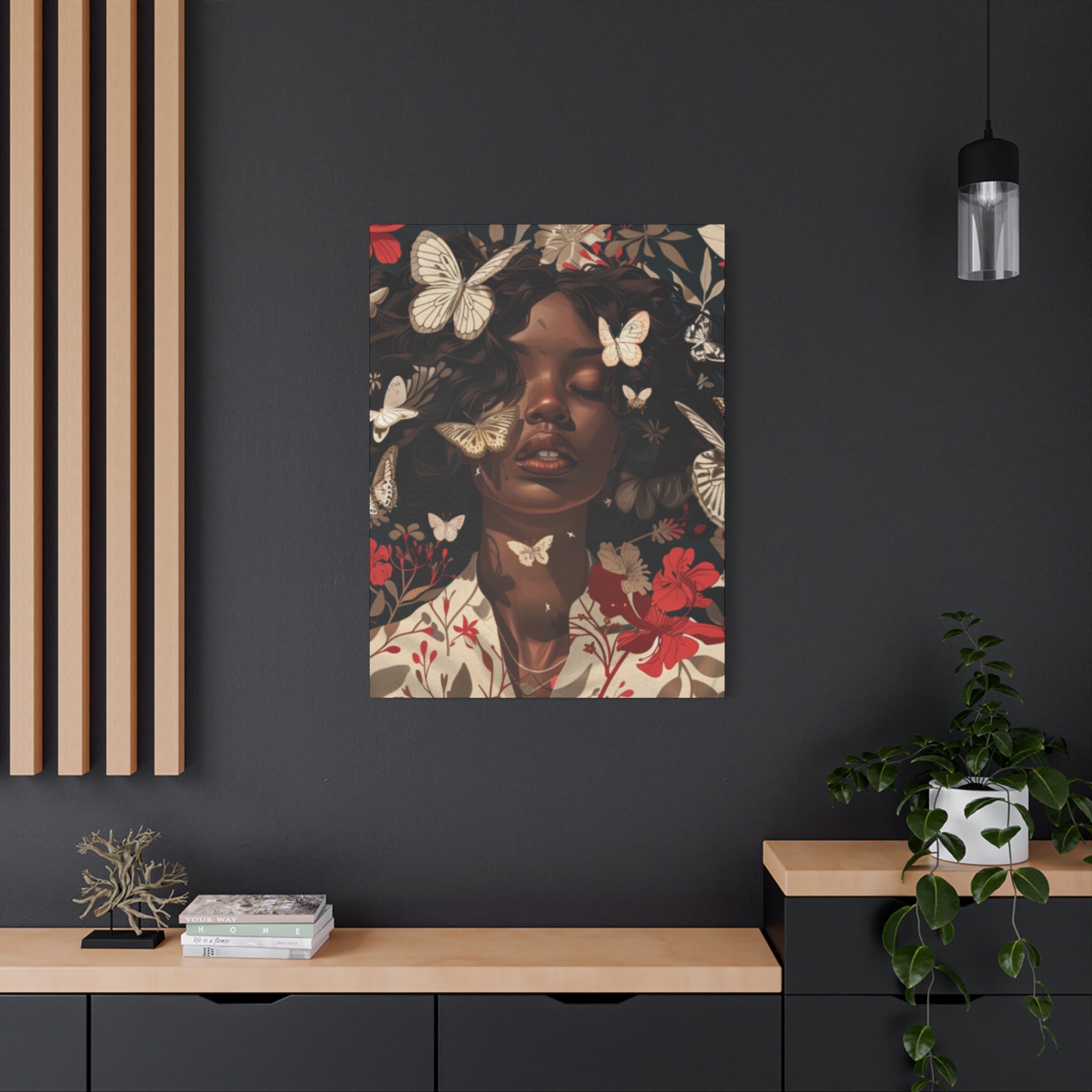 Butterfly Dream, Painting of a African Woman with Red flowers and White Butterflies, Matte Canvas, Wall Art - African Woman Floral Portrait